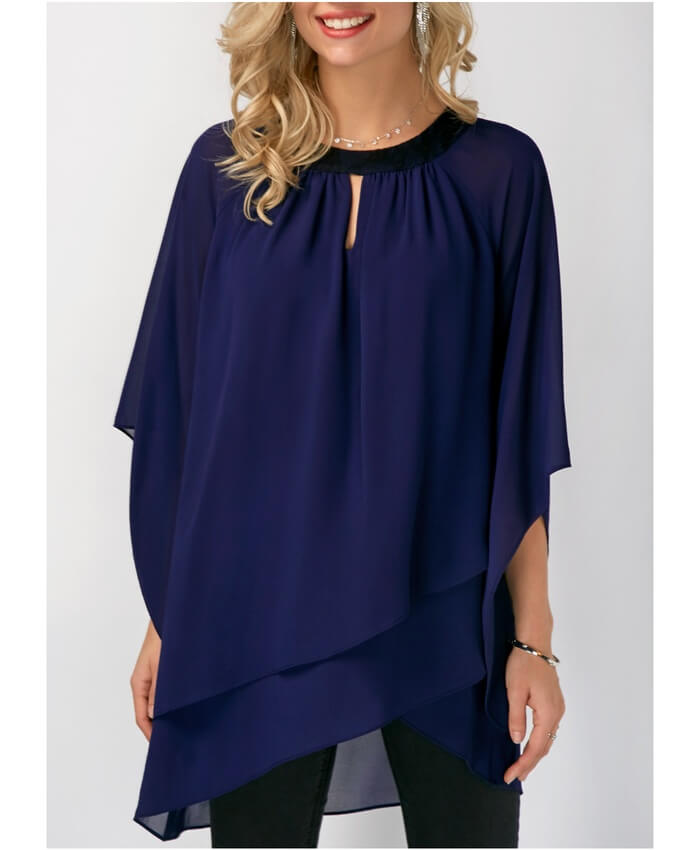 Navy Blue Keyhole Neckline Asymmetric Hem Blouse